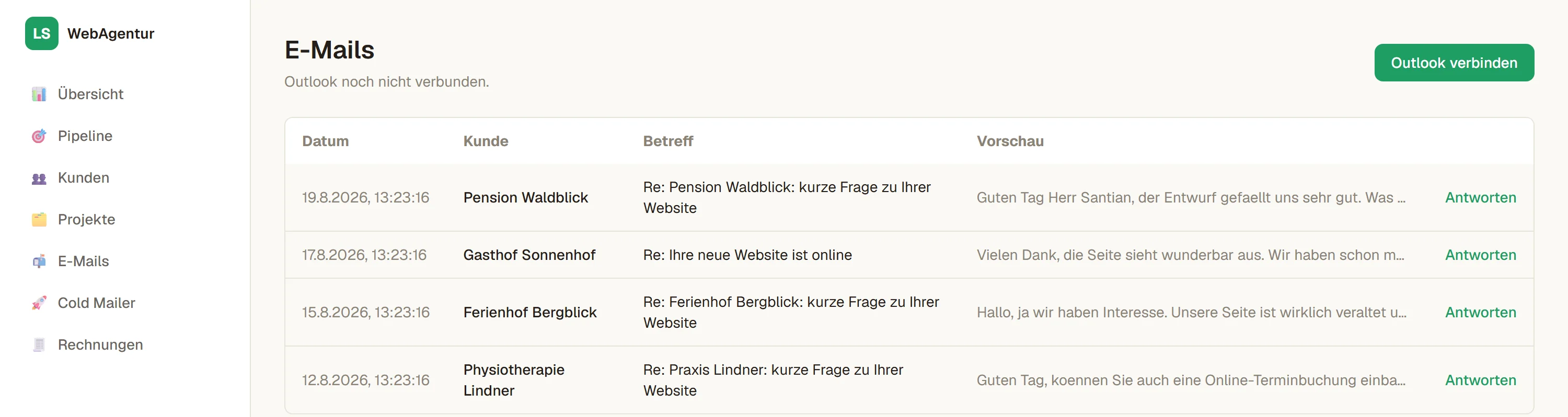 Posteingang im Dashboard mit Kundenzuordnung und Antwortknopf