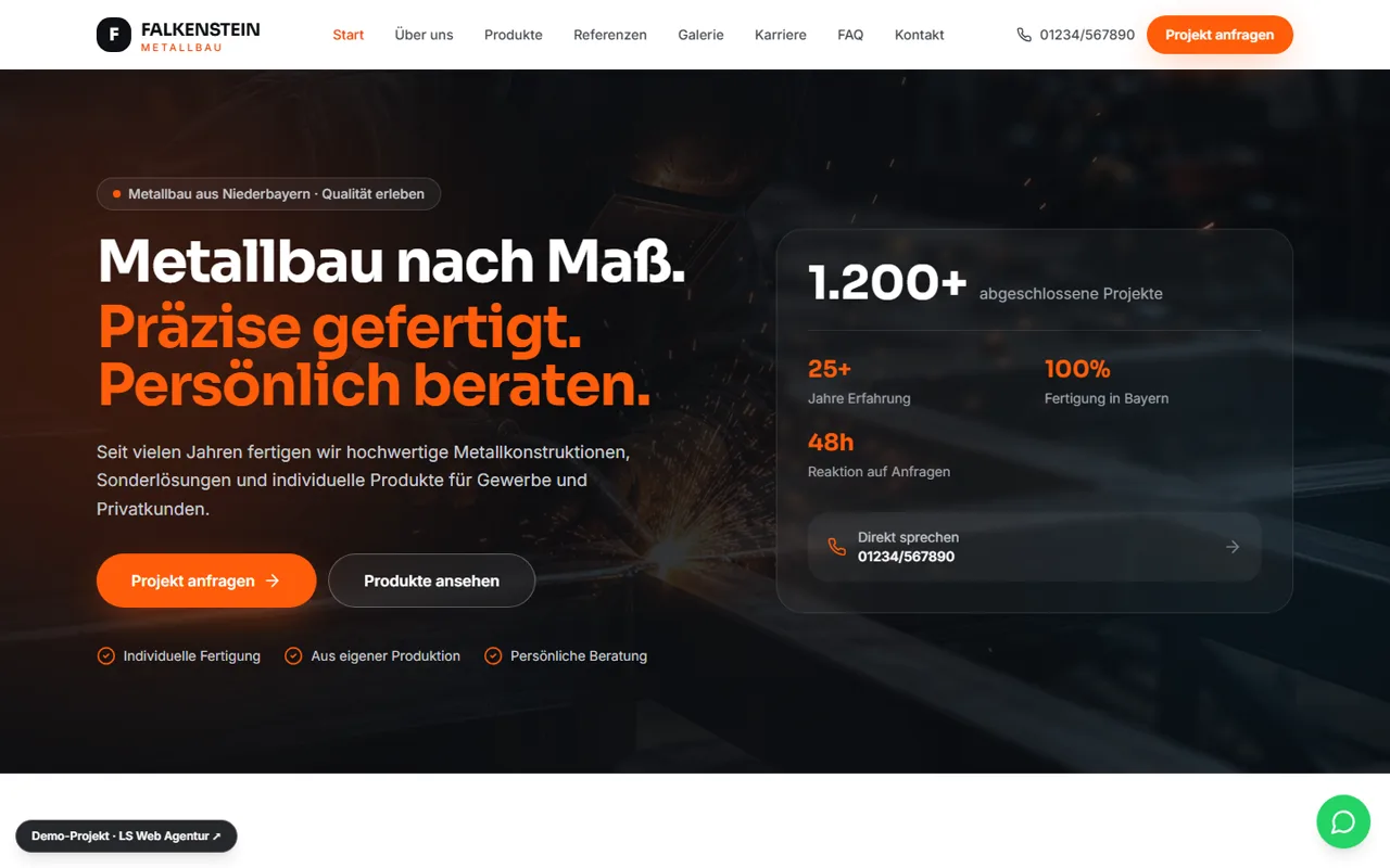 Screenshot: Metallbau-Website mit Anfrage-Konfigurator